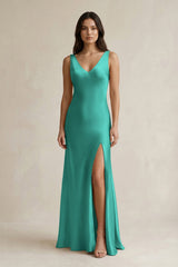 V - neck Sheath Satin Bridesmaid Dress With Back Bow in Sea Glass - KISS BRIDAL Bridesmaid Dresses