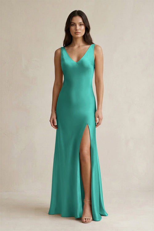 V - neck Sheath Satin Bridesmaid Dress With Back Bow in Sea Glass - KISS BRIDAL Bridesmaid Dresses