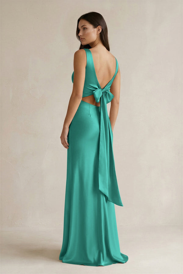 V - neck Sheath Satin Bridesmaid Dress With Back Bow in Sea Glass - KISS BRIDAL Bridesmaid Dresses