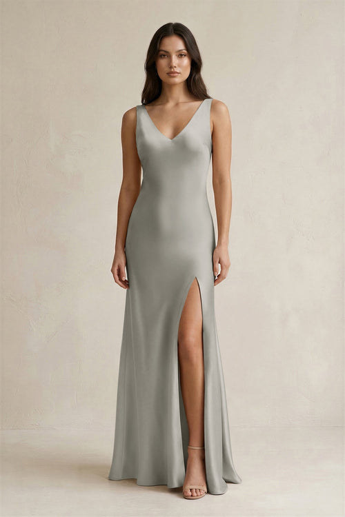 V-neck Sheath Satin Bridesmaid Dress With Back Bow in Silver
