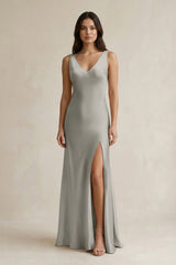 V - neck Sheath Satin Bridesmaid Dress With Back Bow in Silver - KISS BRIDAL Bridesmaid Dresses