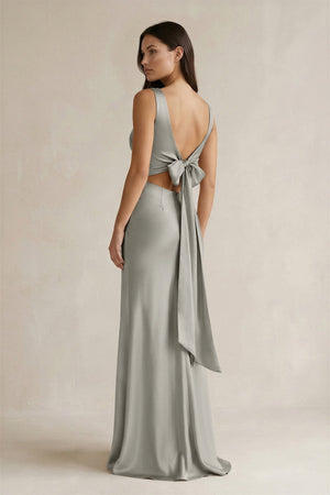 V - neck Sheath Satin Bridesmaid Dress With Back Bow in Silver - KISS BRIDAL Bridesmaid Dresses