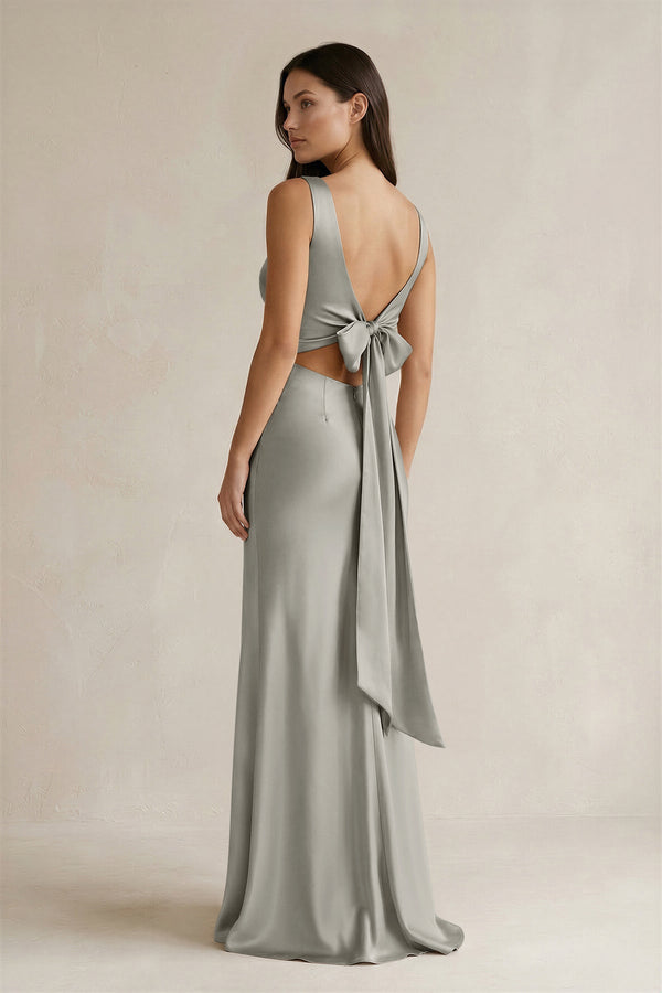 V - neck Sheath Satin Bridesmaid Dress With Back Bow in Silver - KISS BRIDAL Bridesmaid Dresses