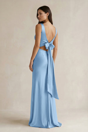 V - neck Sheath Satin Bridesmaid Dress With Back Bow in Sky Blue - KISS BRIDAL Bridesmaid Dresses