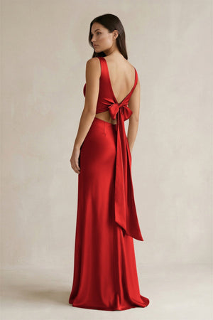 V - neck Sheath Satin Bridesmaid Dress With Back Bow in Spice - KISS BRIDAL Bridesmaid Dresses