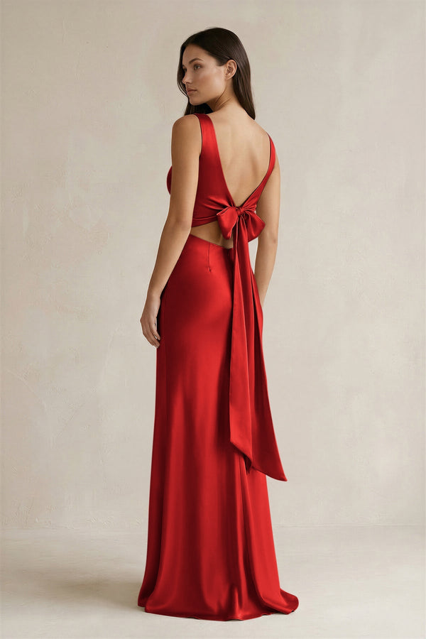 V - neck Sheath Satin Bridesmaid Dress With Back Bow in Spice - KISS BRIDAL Bridesmaid Dresses