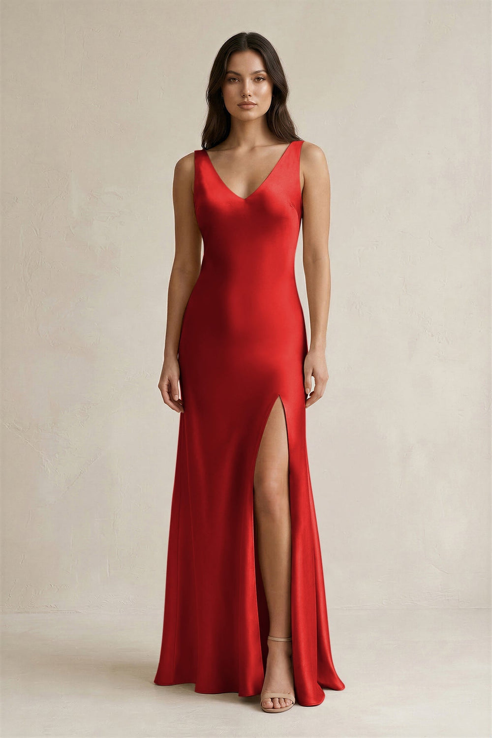 V - neck Sheath Satin Bridesmaid Dress With Back Bow in Spice - KISS BRIDAL Bridesmaid Dresses