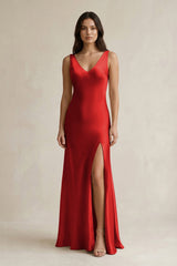 V - neck Sheath Satin Bridesmaid Dress With Back Bow in Spice - KISS BRIDAL Bridesmaid Dresses