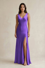 V - neck Sheath Satin Bridesmaid Dress With Back Bow in Tahiti - KISS BRIDAL Bridesmaid Dresses