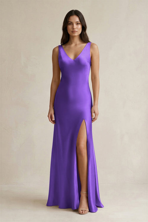 V - neck Sheath Satin Bridesmaid Dress With Back Bow in Tahiti - KISS BRIDAL Bridesmaid Dresses