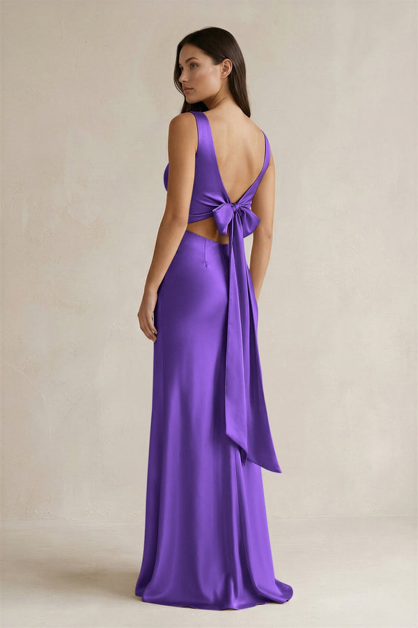 V - neck Sheath Satin Bridesmaid Dress With Back Bow in Tahiti - KISS BRIDAL Bridesmaid Dresses