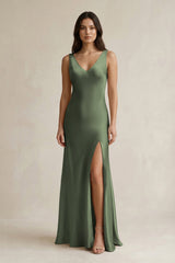 V - neck Sheath Satin Bridesmaid Dress With Back Bow in Thyme - KISS BRIDAL Bridesmaid Dresses