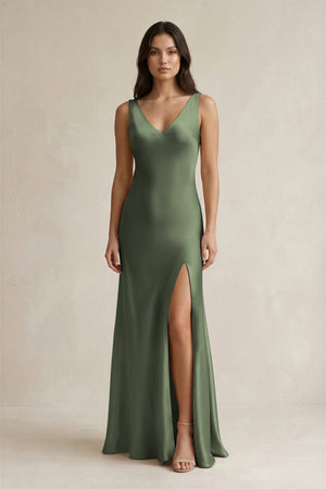 V - neck Sheath Satin Bridesmaid Dress With Back Bow in Thyme - KISS BRIDAL Bridesmaid Dresses