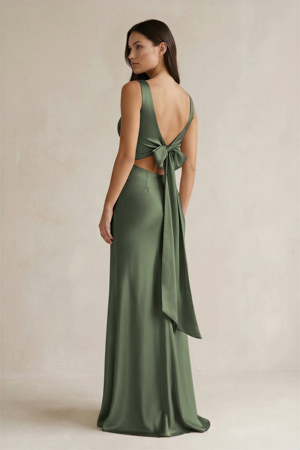 V - neck Sheath Satin Bridesmaid Dress With Back Bow in Thyme - KISS BRIDAL Bridesmaid Dresses
