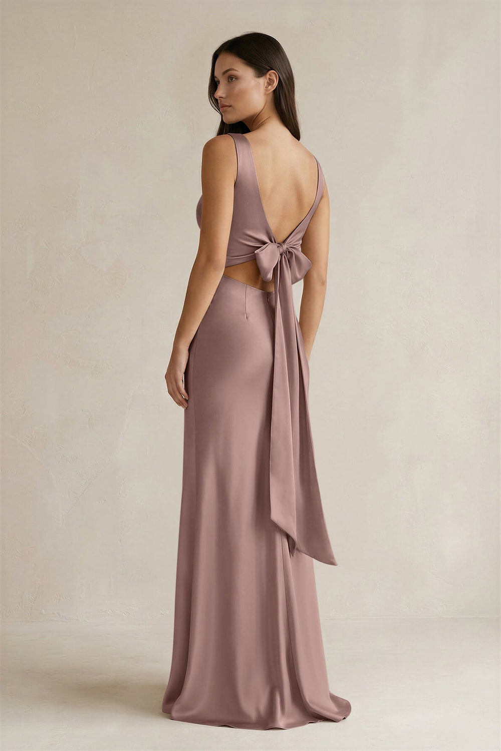 V - neck Sheath Satin Bridesmaid Dress With Back Bow in Toffee - KISS BRIDAL Bridesmaid Dresses