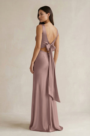 V - neck Sheath Satin Bridesmaid Dress With Back Bow in Toffee - KISS BRIDAL Bridesmaid Dresses