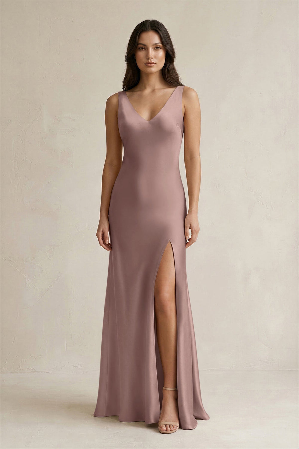 V - neck Sheath Satin Bridesmaid Dress With Back Bow in Toffee - KISS BRIDAL Bridesmaid Dresses
