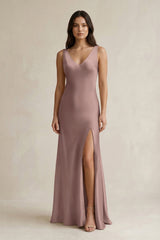 V - neck Sheath Satin Bridesmaid Dress With Back Bow in Toffee - KISS BRIDAL Bridesmaid Dresses