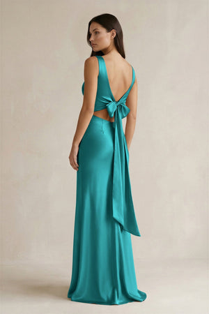 V - neck Sheath Satin Bridesmaid Dress With Back Bow in Turquoise - KISS BRIDAL Bridesmaid Dresses
