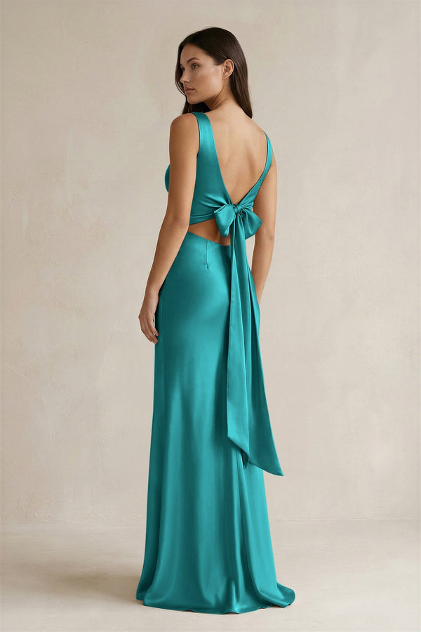 V - neck Sheath Satin Bridesmaid Dress With Back Bow in Turquoise - KISS BRIDAL Bridesmaid Dresses