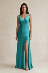 V - neck Sheath Satin Bridesmaid Dress With Back Bow in Turquoise - KISS BRIDAL Bridesmaid Dresses