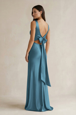 V - neck Sheath Satin Bridesmaid Dress With Back Bow in Twilight - KISS BRIDAL Bridesmaid Dresses