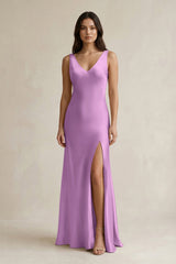 V - neck Sheath Satin Bridesmaid Dress With Back Bow in Vintage Mauve - KISS BRIDAL Bridesmaid Dresses