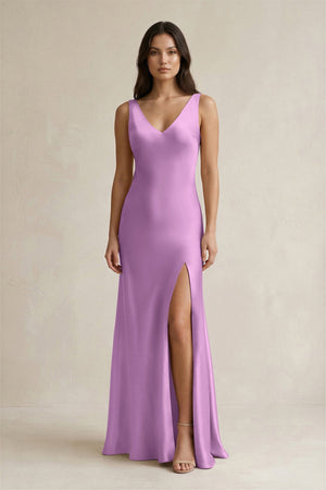 V - neck Sheath Satin Bridesmaid Dress With Back Bow in Vintage Mauve - KISS BRIDAL Bridesmaid Dresses