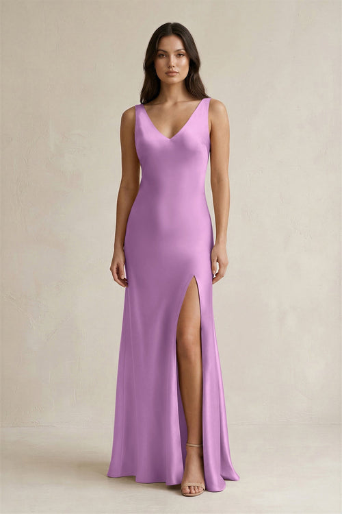 V - neck Sheath Satin Bridesmaid Dress With Back Bow in Vintage Mauve - KISS BRIDAL Bridesmaid Dresses