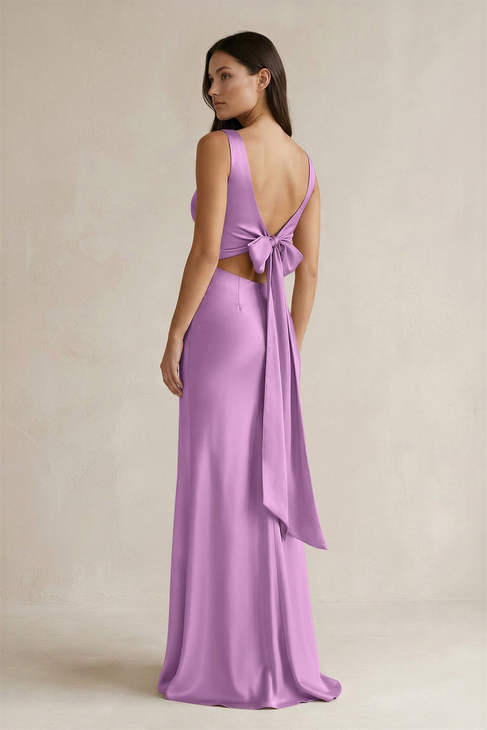 V - neck Sheath Satin Bridesmaid Dress With Back Bow in Vintage Mauve - KISS BRIDAL Bridesmaid Dresses