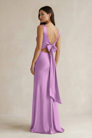 V - neck Sheath Satin Bridesmaid Dress With Back Bow in Vintage Mauve - KISS BRIDAL Bridesmaid Dresses