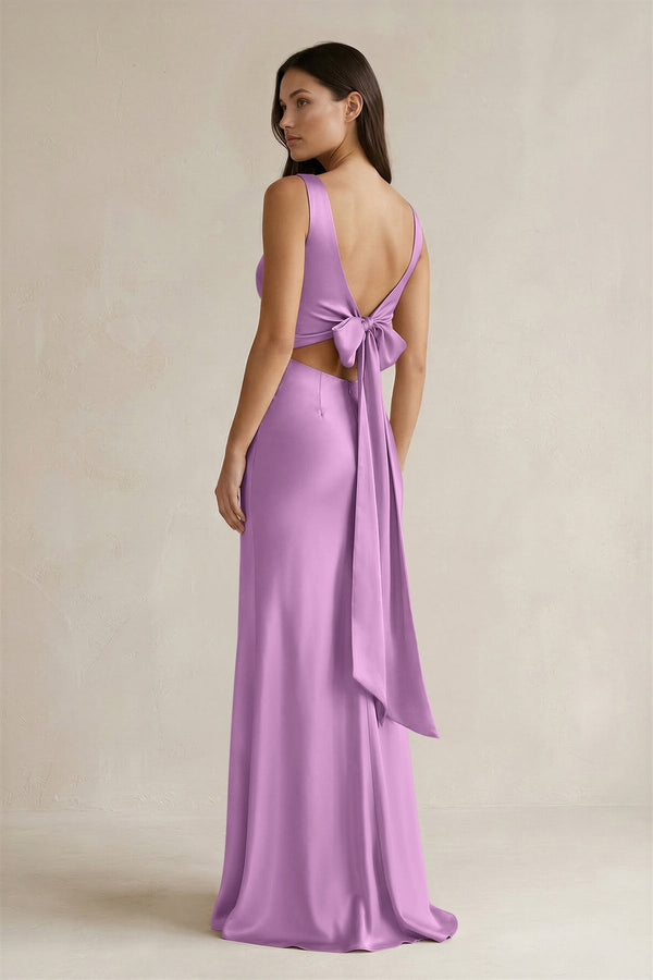 V - neck Sheath Satin Bridesmaid Dress With Back Bow in Vintage Mauve - KISS BRIDAL Bridesmaid Dresses