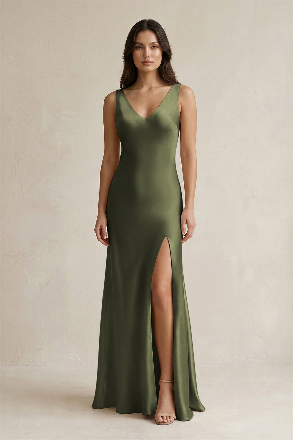 V - neck Sheath Satin Bridesmaid Dress With Back Bow in Willow Green - KISS BRIDAL Bridesmaid Dresses