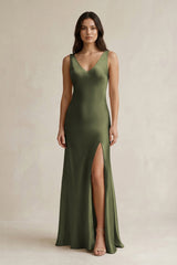 V - neck Sheath Satin Bridesmaid Dress With Back Bow in Willow Green - KISS BRIDAL Bridesmaid Dresses
