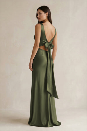 V - neck Sheath Satin Bridesmaid Dress With Back Bow in Willow Green - KISS BRIDAL Bridesmaid Dresses