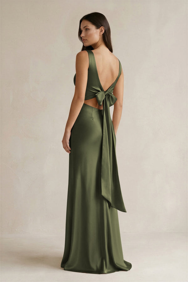 V - neck Sheath Satin Bridesmaid Dress With Back Bow in Willow Green - KISS BRIDAL Bridesmaid Dresses