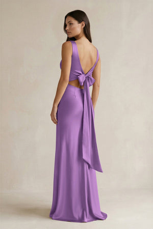 V - neck Sheath Satin Bridesmaid Dress With Back Bow in Wisteria - KISS BRIDAL Bridesmaid Dresses