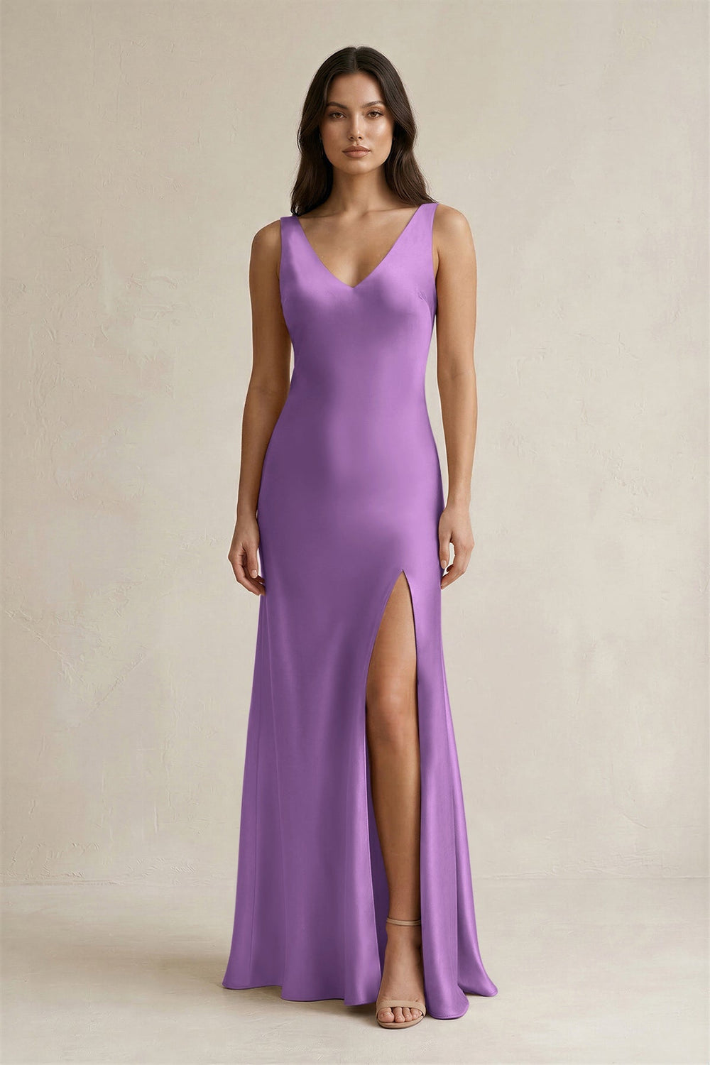 V - neck Sheath Satin Bridesmaid Dress With Back Bow in Wisteria - KISS BRIDAL Bridesmaid Dresses