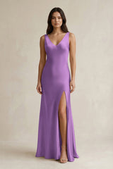 V - neck Sheath Satin Bridesmaid Dress With Back Bow in Wisteria - KISS BRIDAL Bridesmaid Dresses