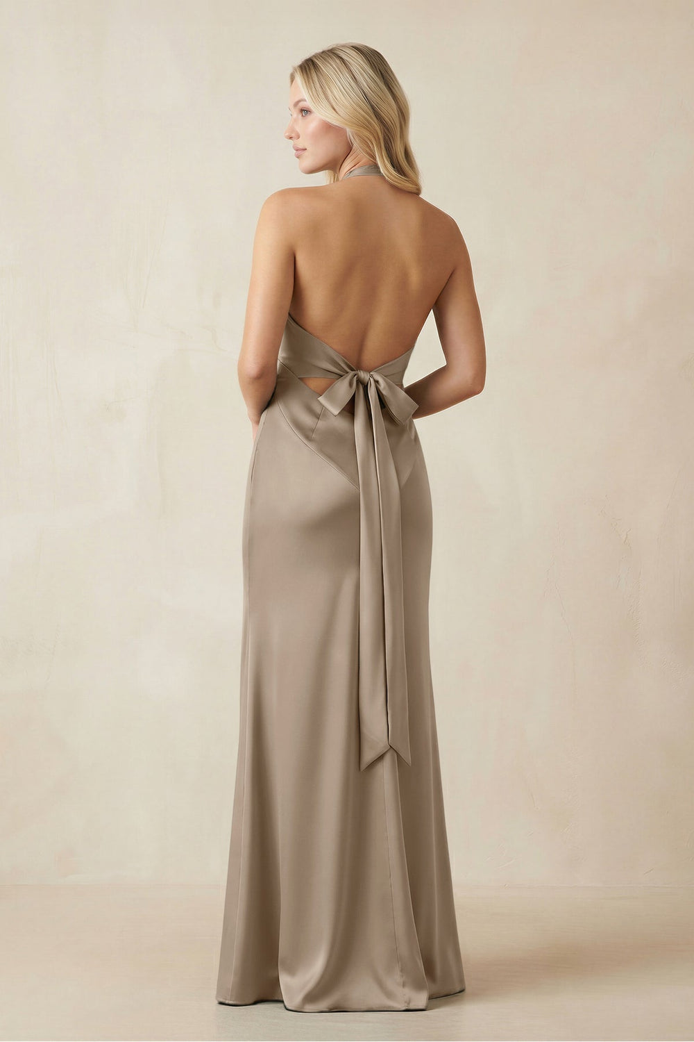 V - Neck Sheath Satin Bridesmaid Dress with Bow in Almond - KISS BRIDAL Bridesmaid Dresses