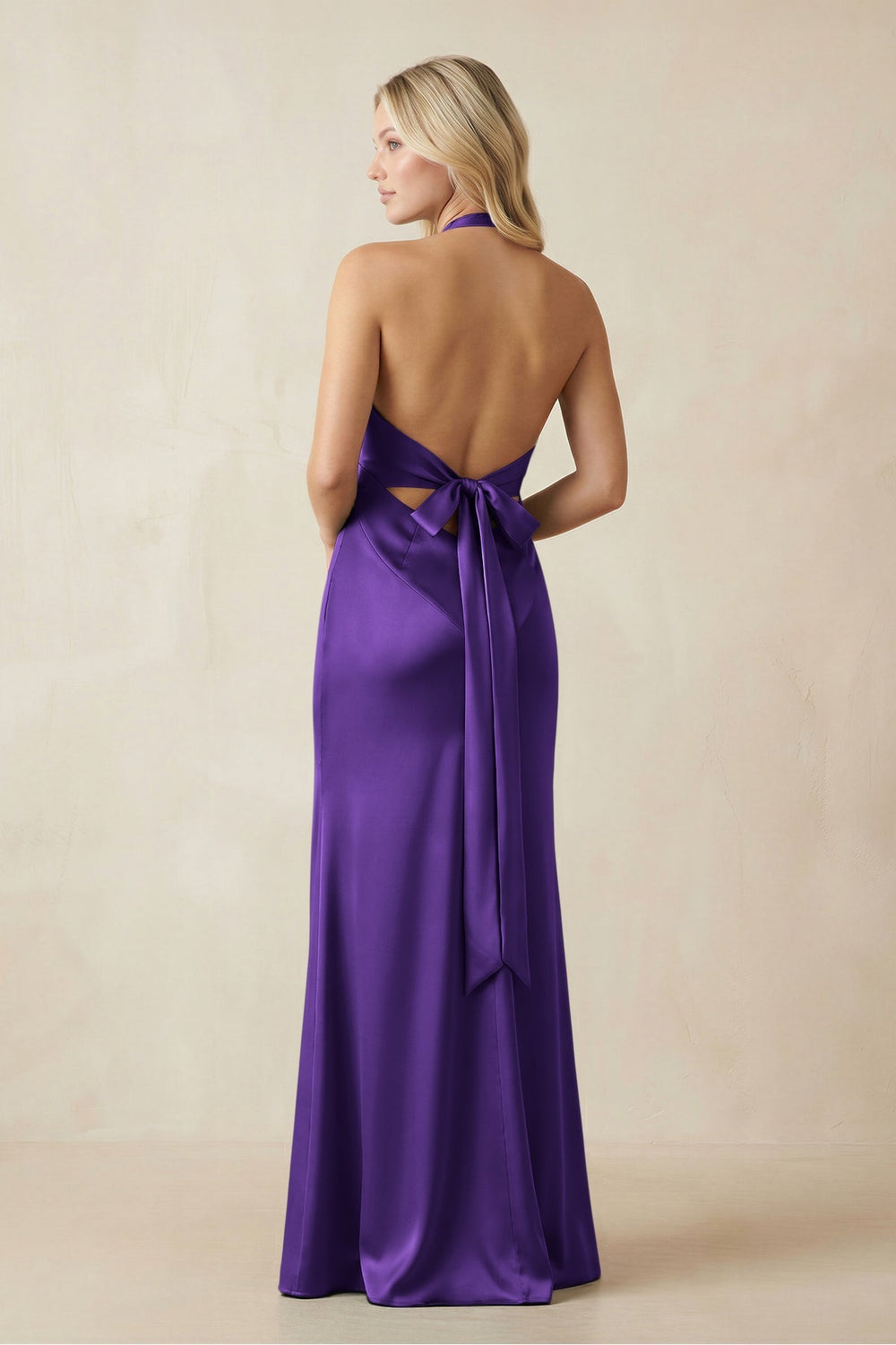 V - Neck Sheath Satin Bridesmaid Dress with Bow in Amethyst - KISS BRIDAL Bridesmaid Dresses