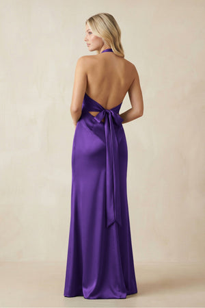 V - Neck Sheath Satin Bridesmaid Dress with Bow in Amethyst - KISS BRIDAL Bridesmaid Dresses