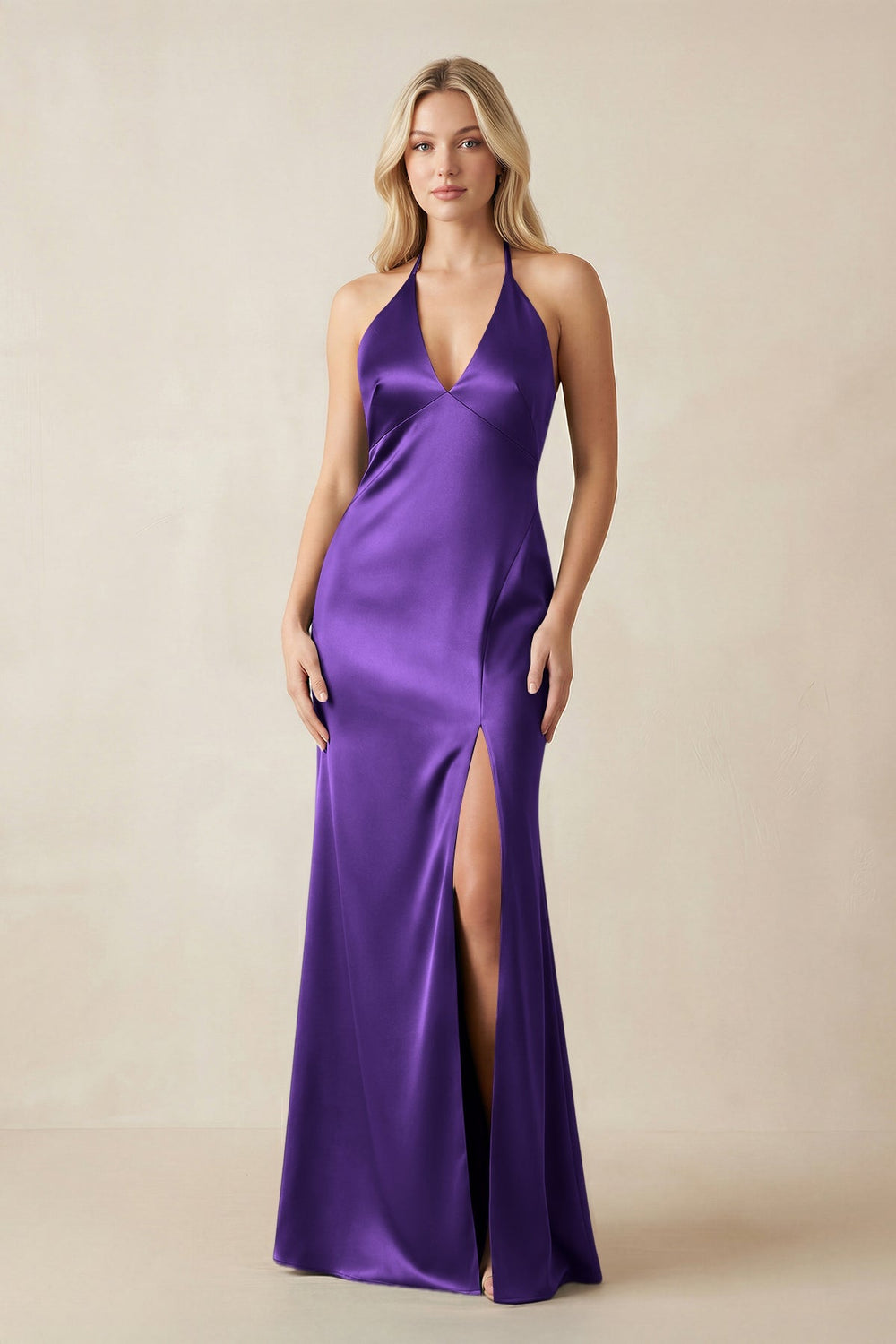 V - Neck Sheath Satin Bridesmaid Dress with Bow in Amethyst - KISS BRIDAL Bridesmaid Dresses