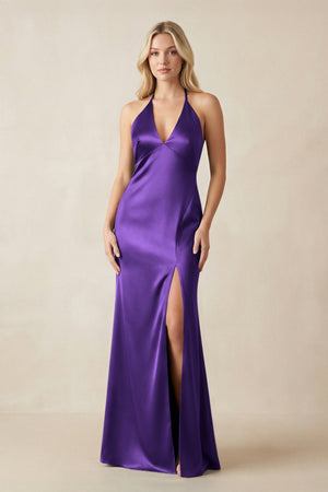 V - Neck Sheath Satin Bridesmaid Dress with Bow in Amethyst - KISS BRIDAL Bridesmaid Dresses