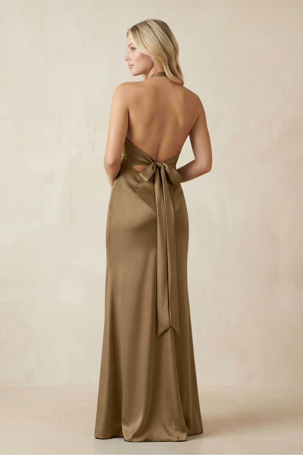 V - Neck Sheath Satin Bridesmaid Dress with Bow in Apple Cinnamon - KISS BRIDAL Bridesmaid Dresses