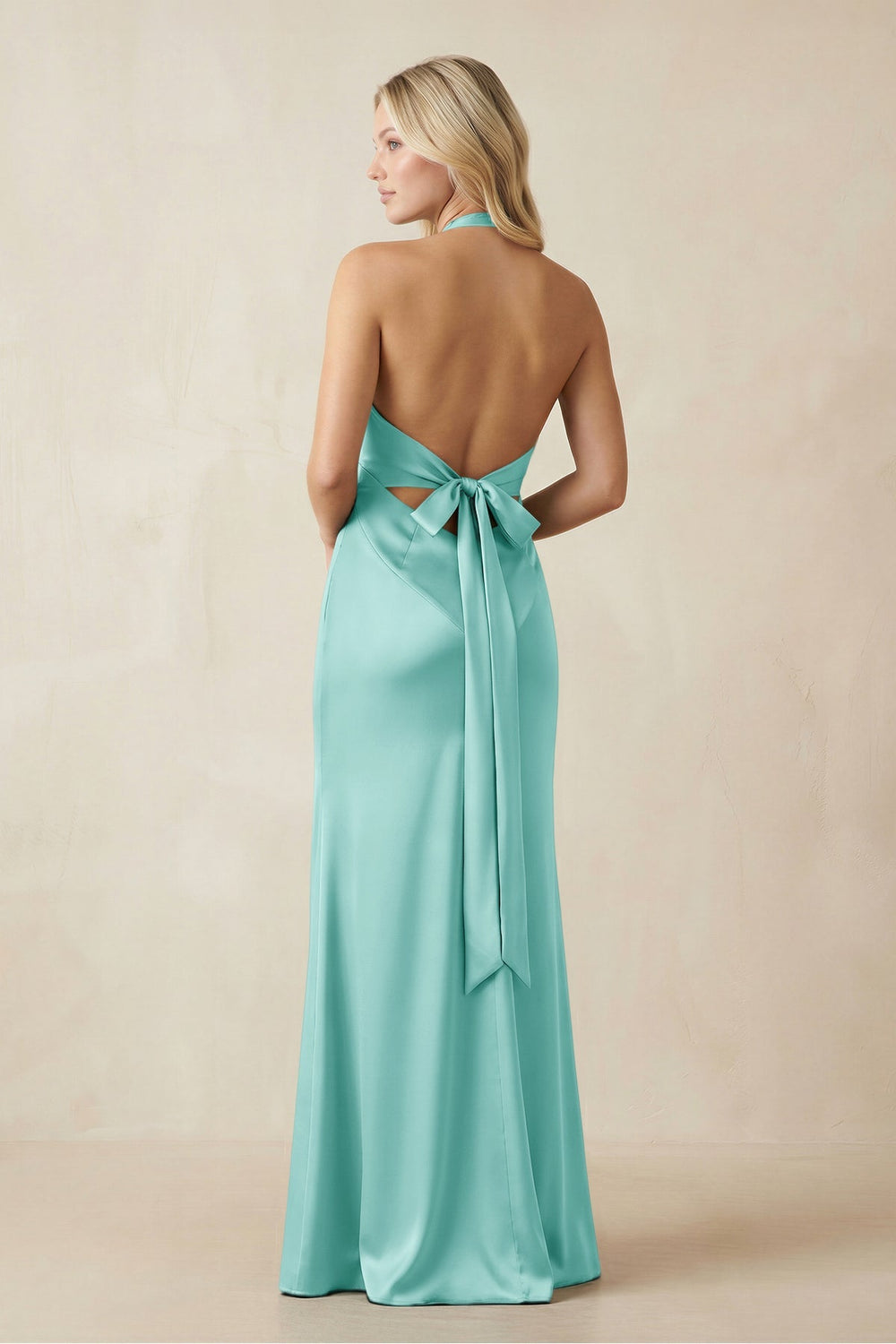 V - Neck Sheath Satin Bridesmaid Dress with Bow in Aqua - KISS BRIDAL Bridesmaid Dresses
