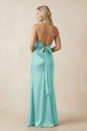 V - Neck Sheath Satin Bridesmaid Dress with Bow in Aqua - KISS BRIDAL Bridesmaid Dresses