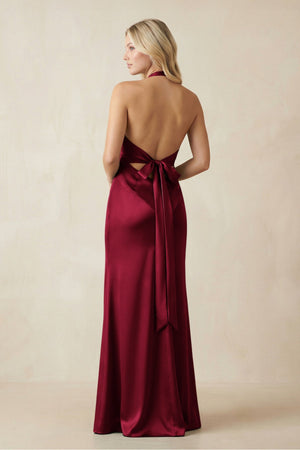 V - Neck Sheath Satin Bridesmaid Dress with Bow in Berry - KISS BRIDAL Bridesmaid Dresses