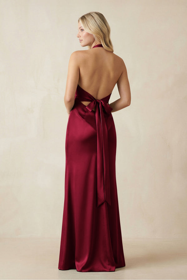 V - Neck Sheath Satin Bridesmaid Dress with Bow in Berry - KISS BRIDAL Bridesmaid Dresses