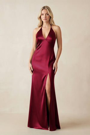 V - Neck Sheath Satin Bridesmaid Dress with Bow in Berry - KISS BRIDAL Bridesmaid Dresses